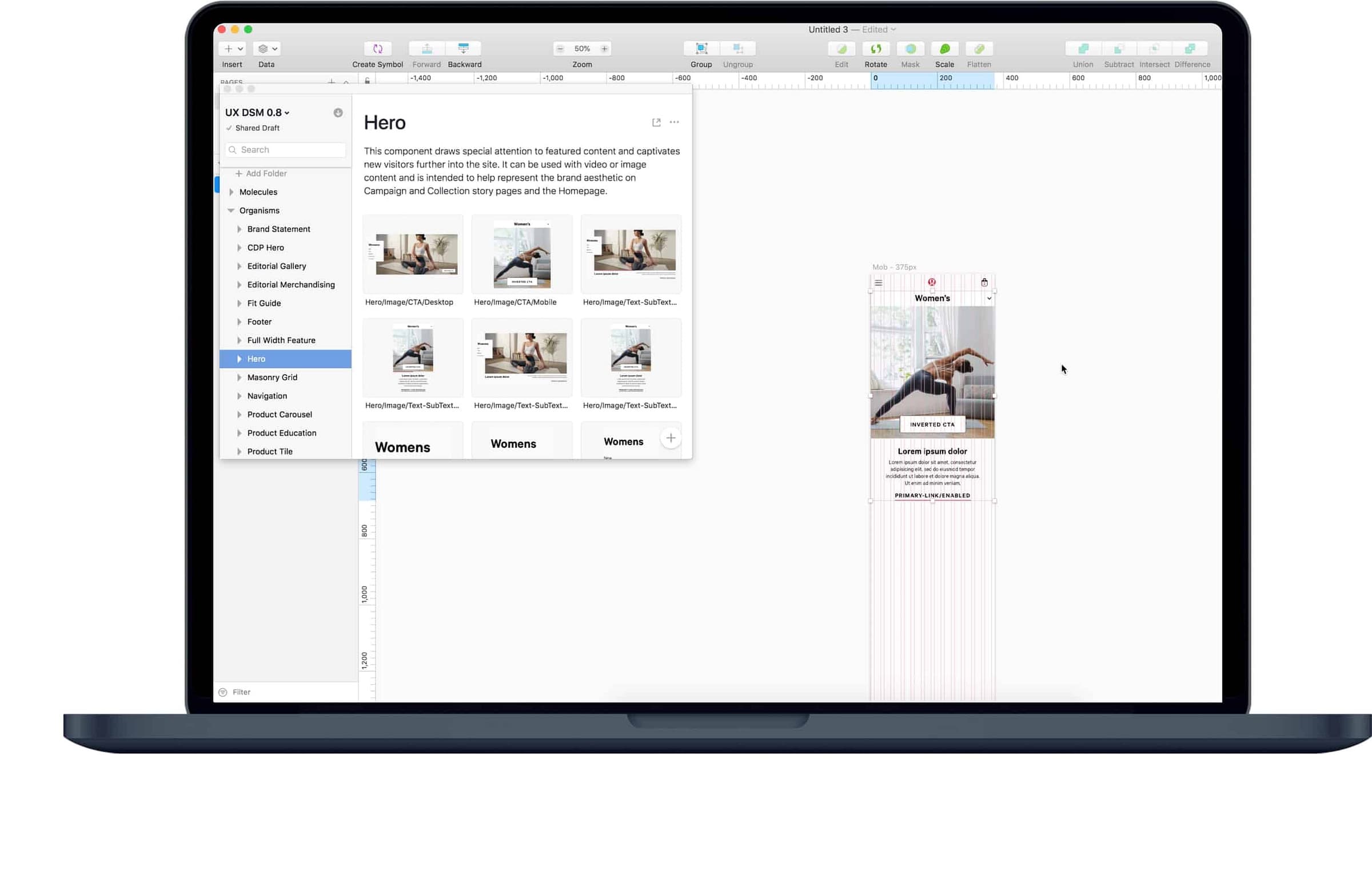 The design system in use: Sketch open beside the InVision DSM library at version 0.8, showing the hero component's documentation and its desktop and mobile variants