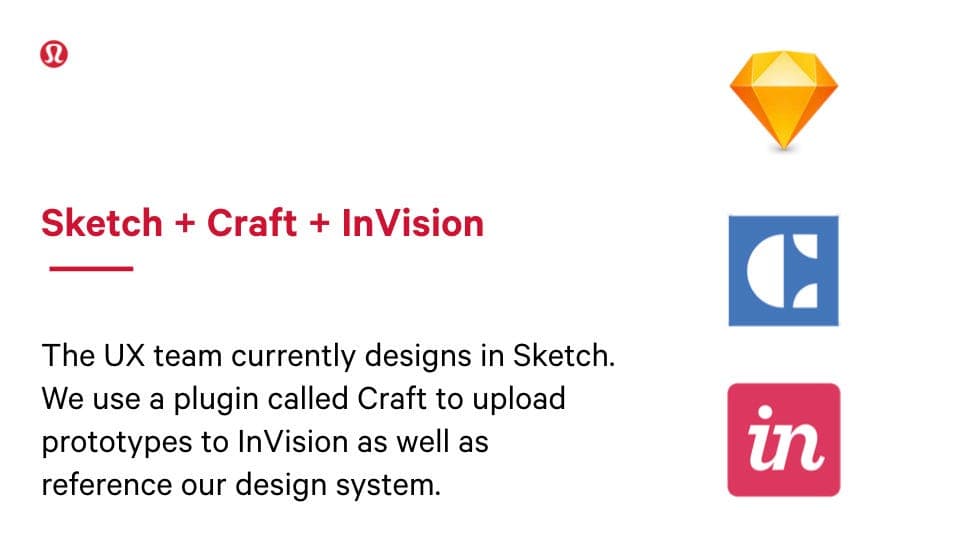 Toolkit slide, Sketch plus Craft plus InVision: the UX team designs in Sketch and uses the Craft plugin to upload prototypes to InVision and reference the design system