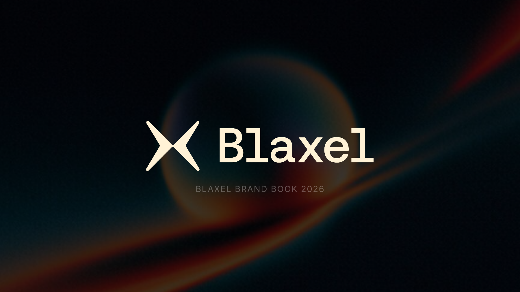 Cover of Blaxel's 2026 brand book, with the new wordmark over orange and teal graphic art.