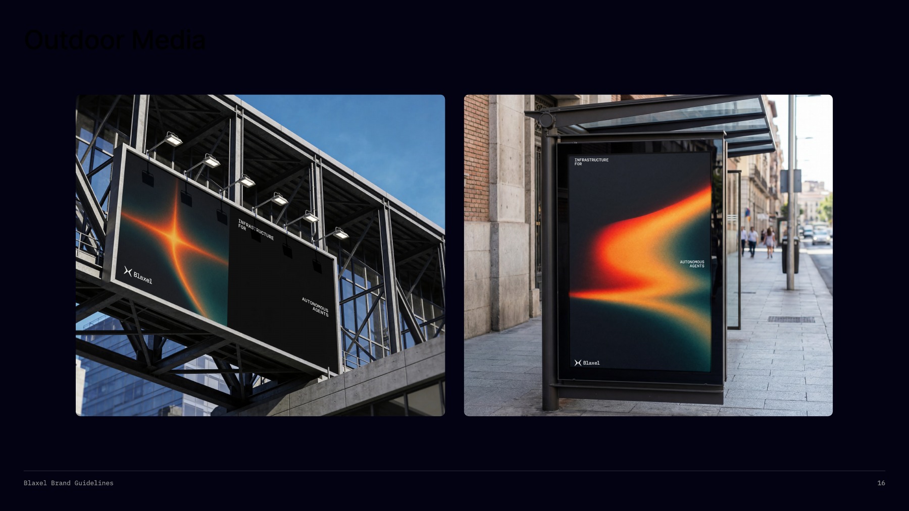Blaxel brand-book page 16, showing billboard and street-display concepts using the orange and teal identity.